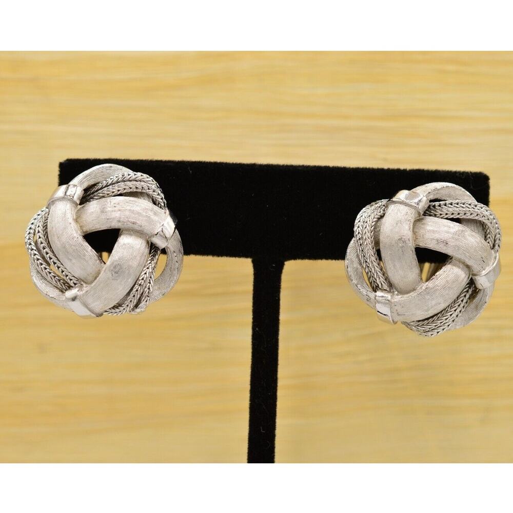 Vintage Clip On Knot Earrings Textured Brushed Silver Round Retro 1980s BinH